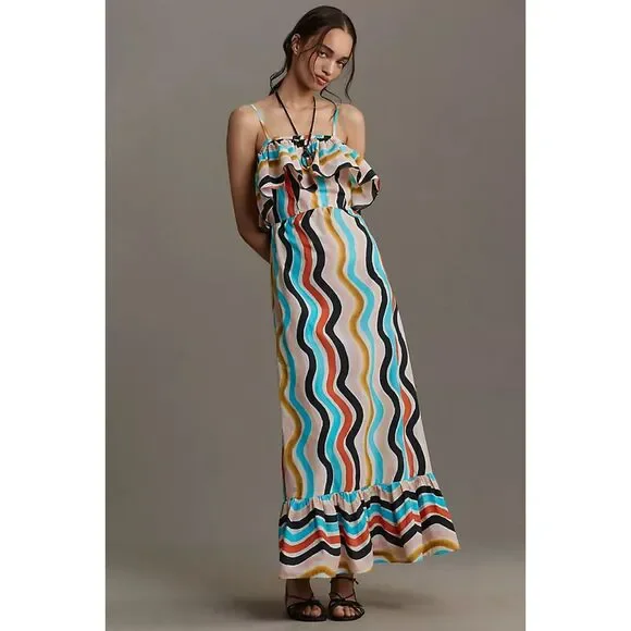 Farm Rio Sleeveless Ruffle Maxi Dress Wave Stripe Colorful Smocked Medium L200 - Picture 2 of 12